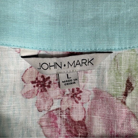 John Mark V-Neck Linen Blend Floral Beaded Tunic Top L Blue Pink Beachy Coastal - Picture 7 of 9